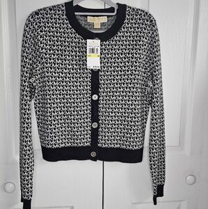 Michael Kors Cardigan Sweater, Size M, Color: Black+Silver, MK Logo Print